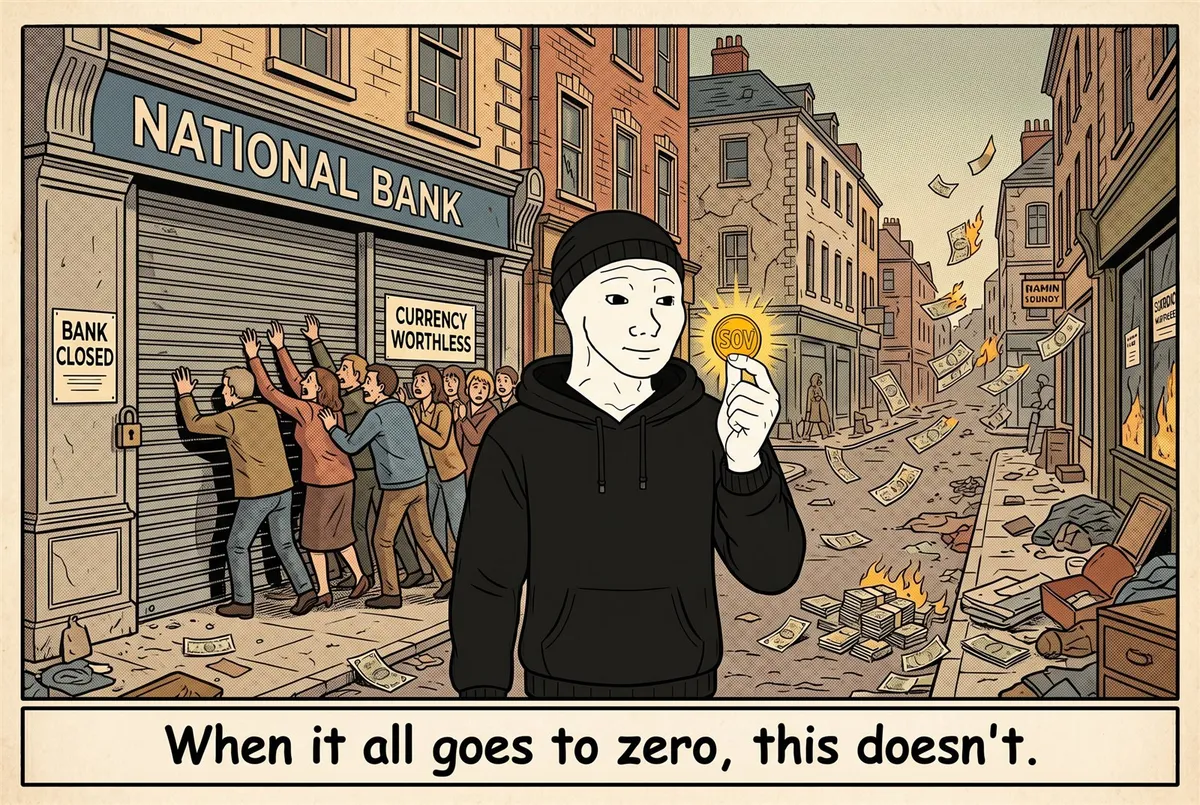 A failed bank with its shutters down, a panicked crowd at the locked doors, worthless banknotes blowing down the street like litter — while the calm SOV holder stands in front holding his glowing gold SOV coin