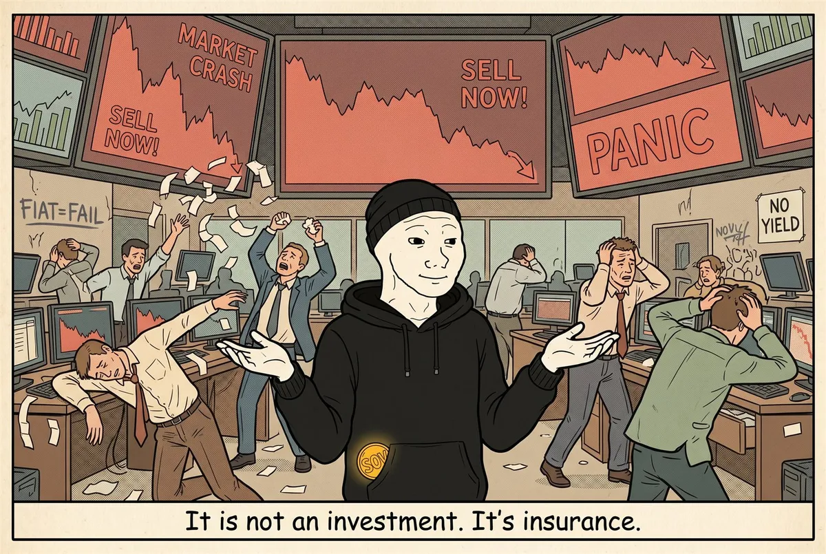A trading floor mid-crash — screens screaming MARKET CRASH, SELL NOW, PANIC, NO YIELD; ruined traders clutching their heads — while the calm SOV guy shrugs, the glowing gold SOV coin in his hoodie pocket