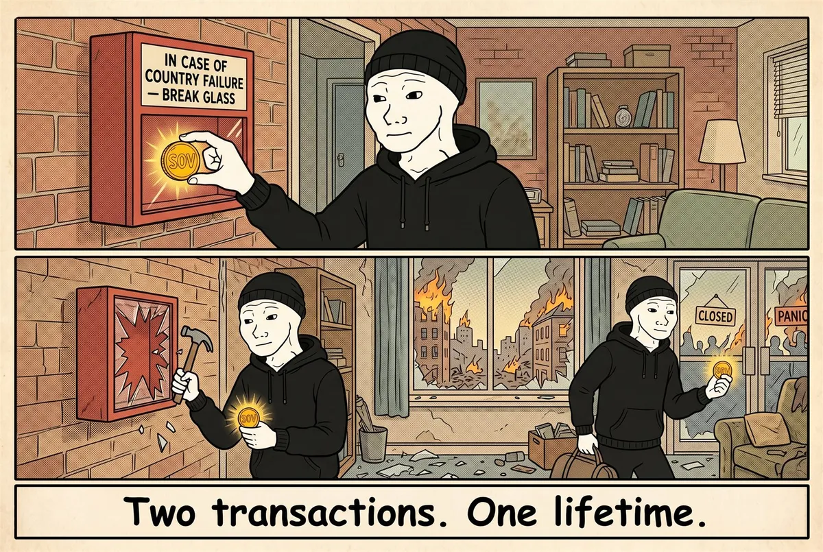 A two-panel comic: top — the calm SOV guy quietly drops a glowing SOV coin into a red wall box labelled 'in case of country failure, break glass' and forgets it; bottom — years later, the city burning outside the window, he smashes the glass with a hammer, takes the SOV coin and heads out to start over. Caption: two transactions, one lifetime