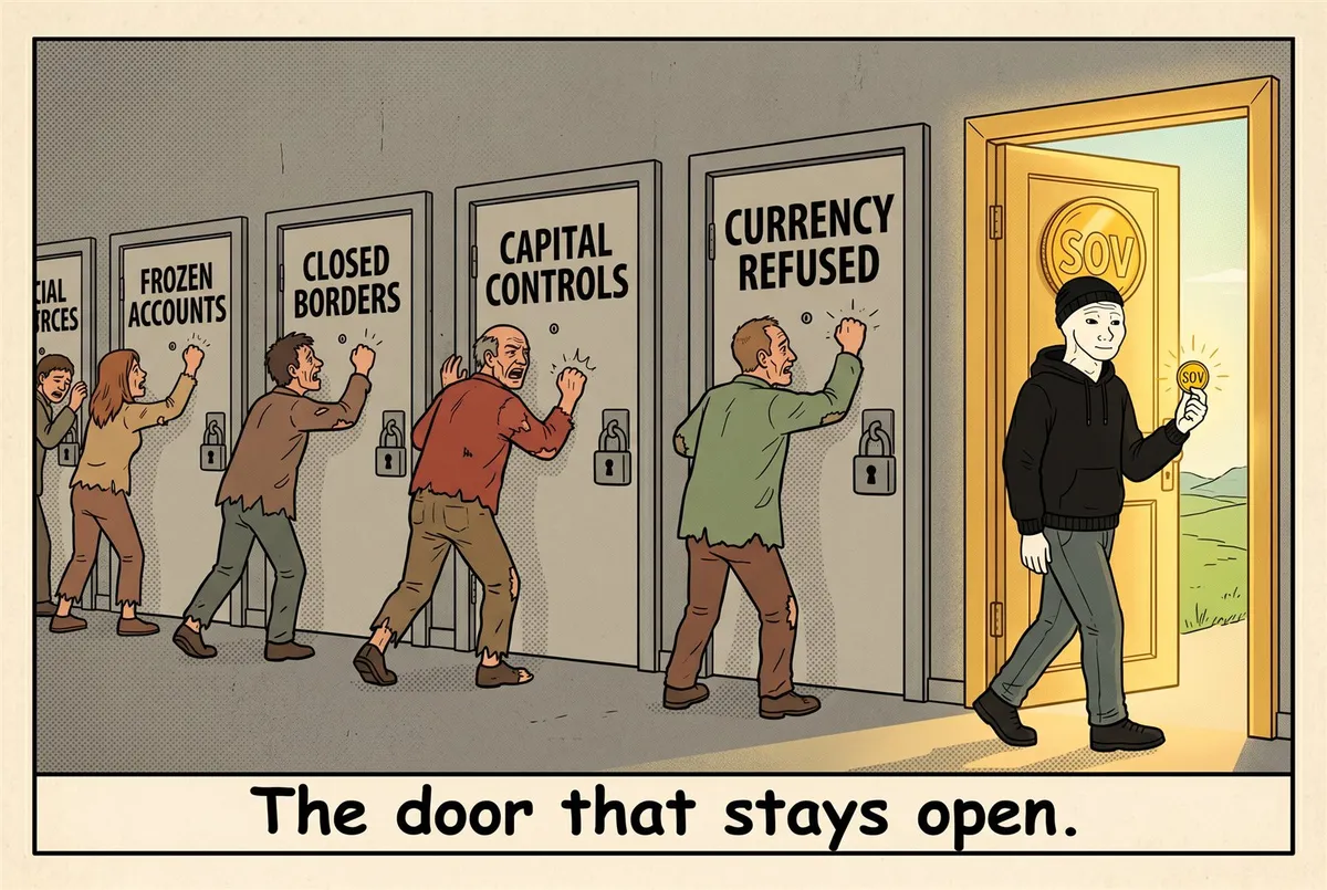 A row of locked grey doors labelled 'frozen accounts', 'closed borders', 'capital controls', 'currency refused' with desperate people pounding on them — while the calm SOV guy walks through the one glowing gold SOV door that stays open to a free world beyond