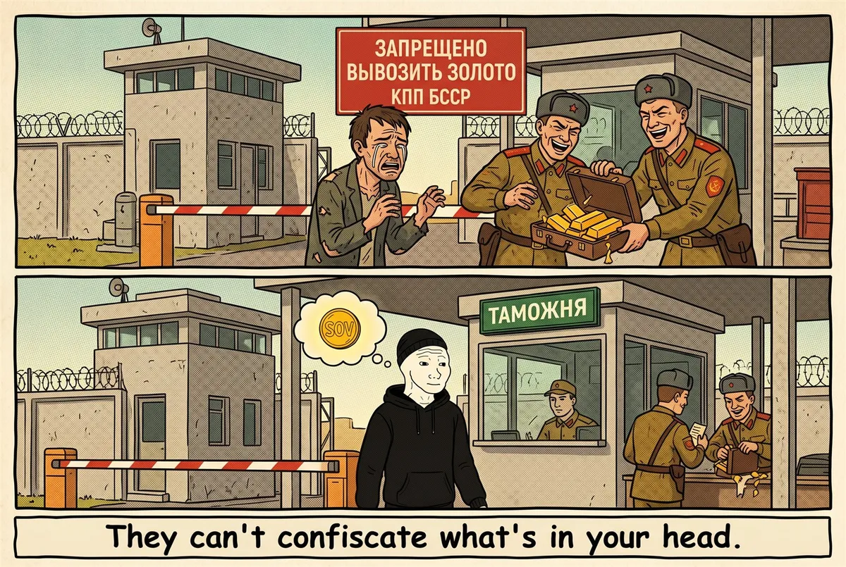 A two-panel comic: top — a man trying to leave the USSR with a suitcase of gold bars has it confiscated by laughing Soviet border guards under a sign banning gold export; bottom — the calm SOV guy walks through the same customs checkpoint untouched, his whole fortune a glowing SOV coin in a thought bubble (memorised, in his head)