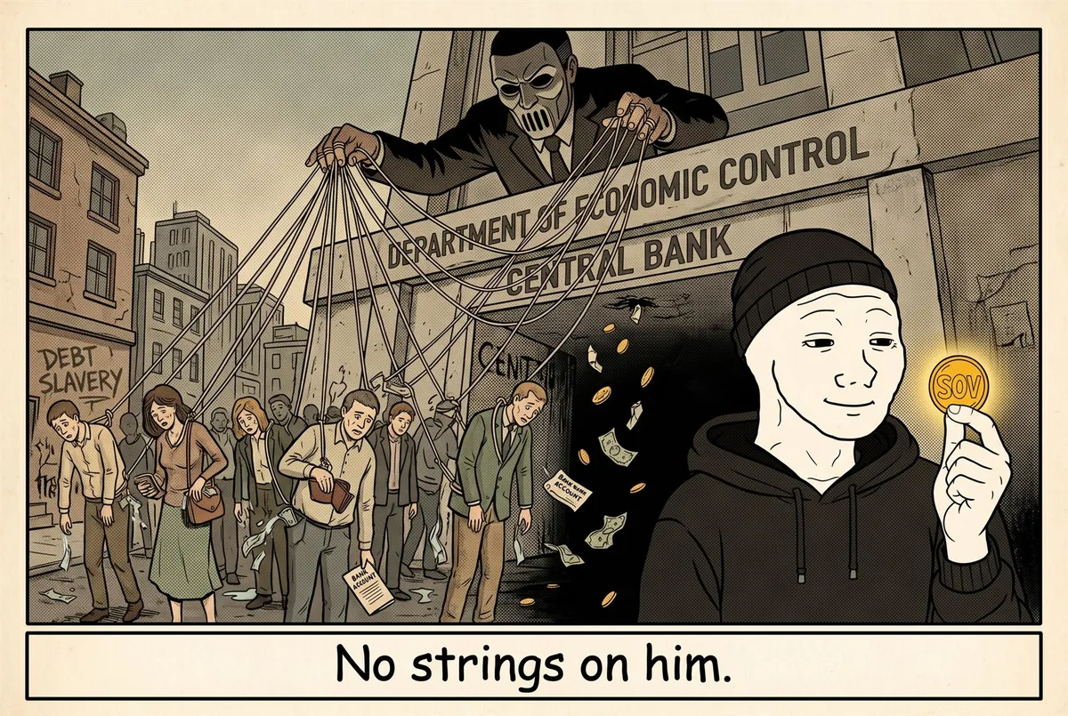 A looming masked State puppeteer outside the central bank pulls strings tied to a crowd of drained, panicked people, while the calm wojak stands free with his glowing SOV coin — no string on him.
