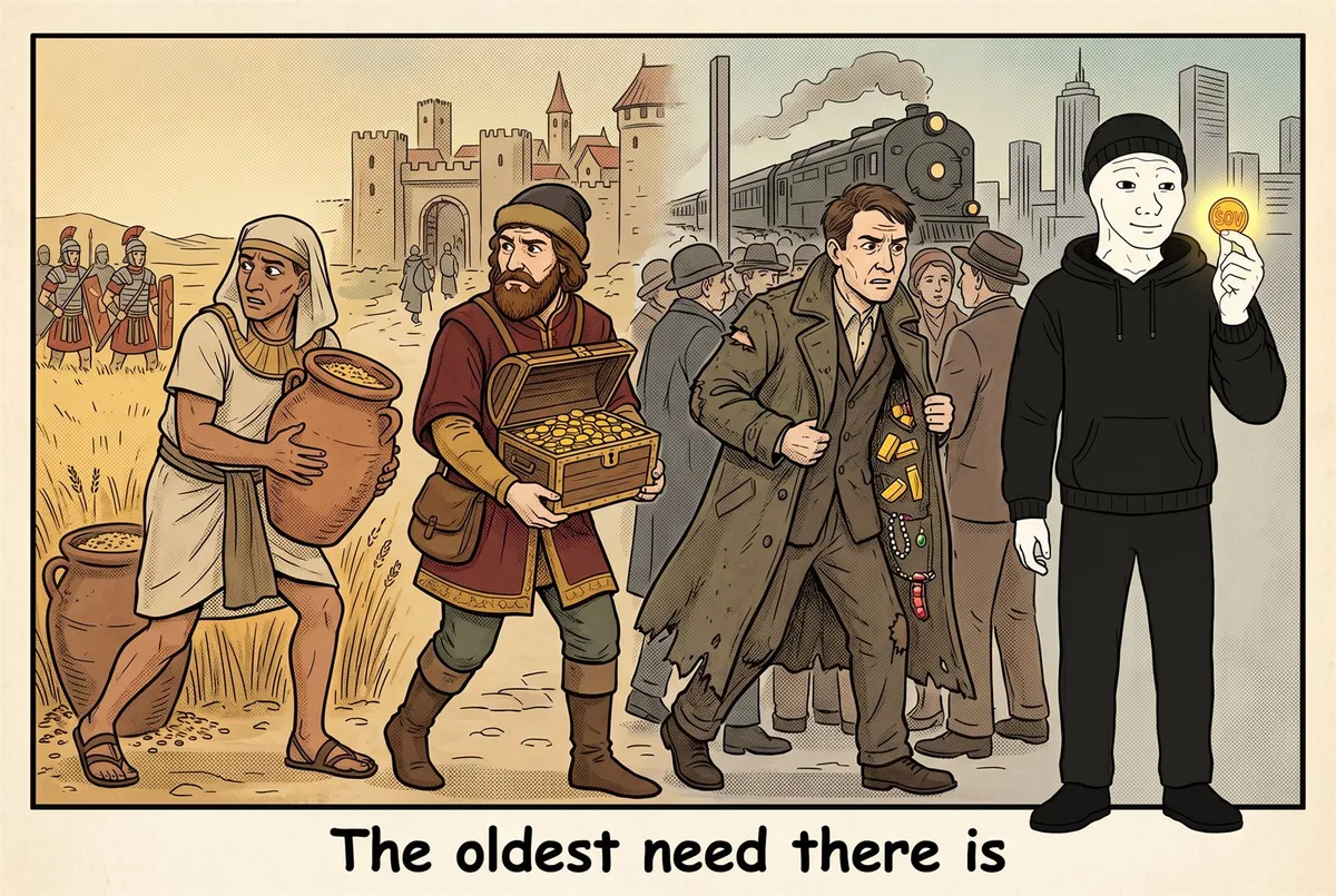 A march of progress through history — an ancient farmer guarding a jar of grain, a medieval merchant with a chest of gold, a 1900s refugee with jewels and bars sewn into his coat, and the calm modern wojak holding a glowing SOV coin. The form changes, the need never does.
