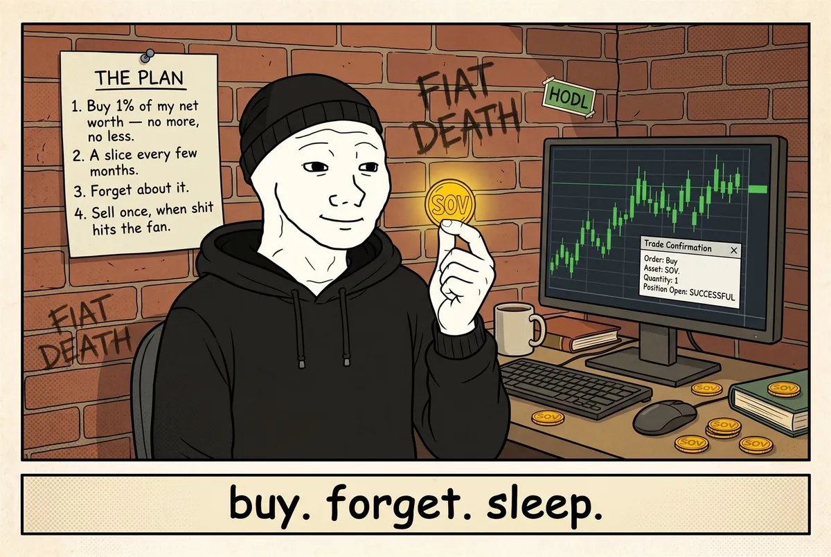 The wojak content at his desk in front of a trading terminal showing a successful SOV buy, his trading plan pinned to the wall — buy 1%, a slice every few months, forget about it, sell once when shit hits the fan — with FIAT DEATH and HODL on the wall.